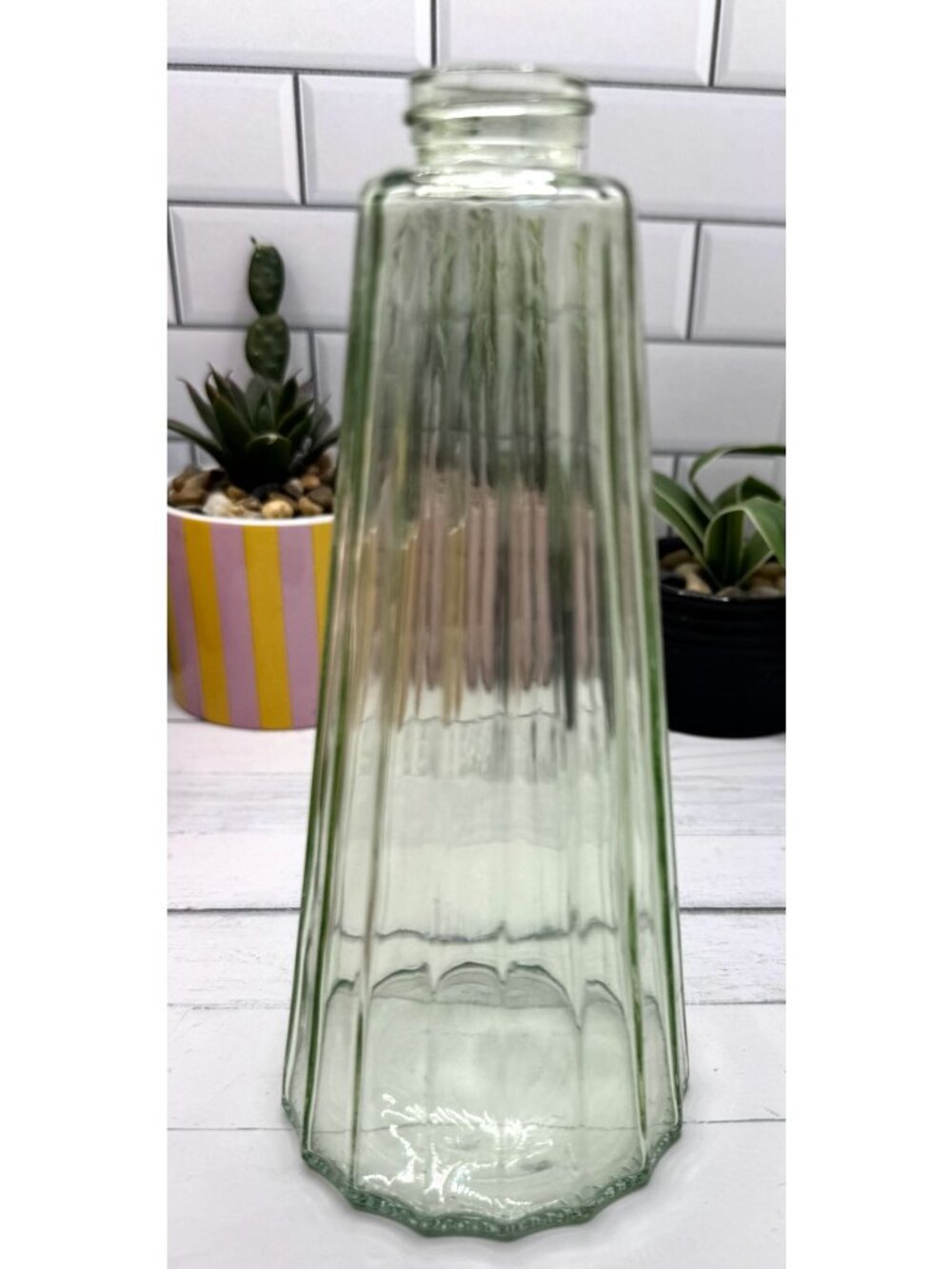 Vintage Ribbed Green Glass Tapered Octagonal Shape Soap Dispenser